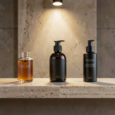 Three-product lineup on a long bar of travertine, even spacing, a single overhea