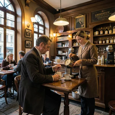 Habsburg café warmth surviving in Lviv, Ukraine, barista preparing traditional c
