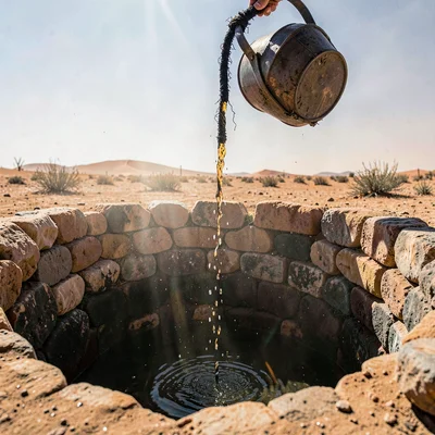 Desert environment photograph, extreme heat conditions, Water being drawn from a