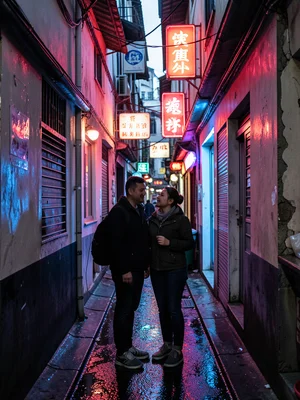 Couple in narrow Hong Kong alley, neon red and blue reflections on wet walls