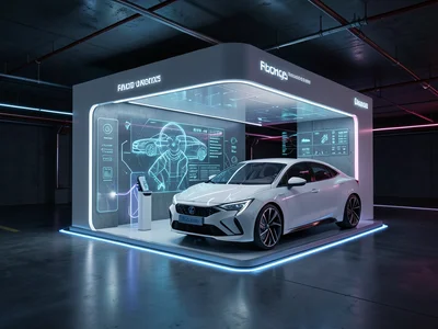 Electric vehicle charging at a sleek white station in an underground parking gar