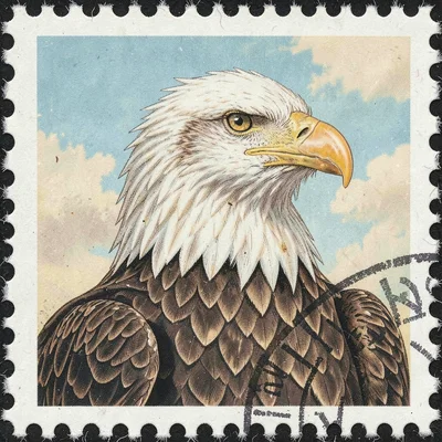 Postage stamp illustration, Bald eagle portrait in realistic detail , tiny perfe