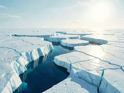 Deep blue meltwater pools in a sinuous channel atop a vast ice sheet, edges glow
