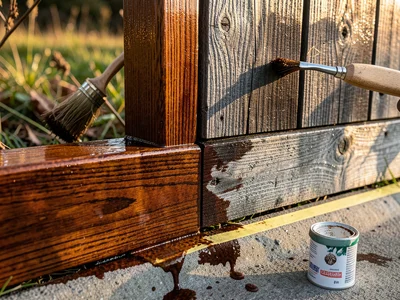 A fence being stained, half the boards deep cedar-brown and glossy-wet from fres