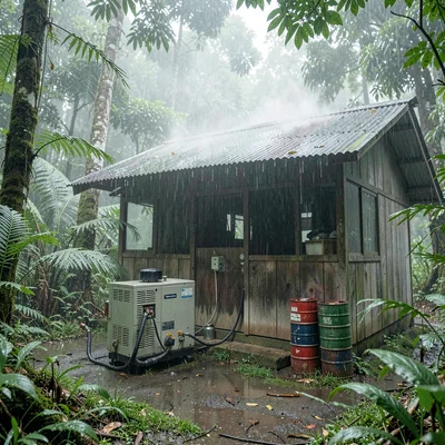 Tropical rainforest photograph, humid jungle atmosphere, A generator running out