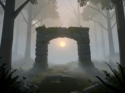 Mossy stone arch standing alone in a forest clearing with fog rolling through th