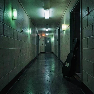 3am-shift atmospheric backstage corridor with neon green sconces and a guitar ca