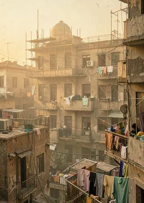 Dusty golden Cairo haze compressing apartment layers, construction scaffolding o