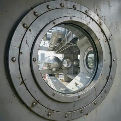 Close-up of a circular porthole window from outside — riveted steel surround, re