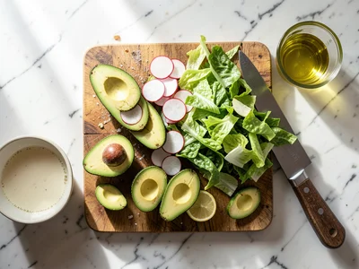 Salad preparation: a wooden board with halved avocados, sliced radishes, torn le