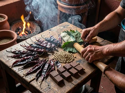 27 Mole Negro Ingredients Arranged on Wooden Mesa