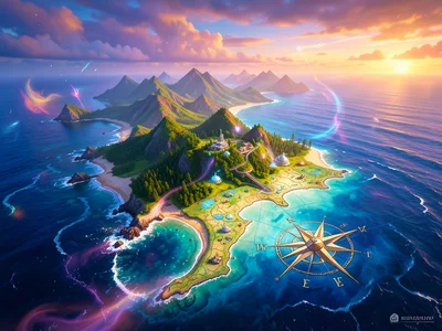 Island photograph from drone merging into fantasy illustrated map with compass r