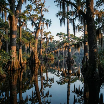 Atmospheric photograph with Louisiana bayou sensibility, A cypress swamp at blue