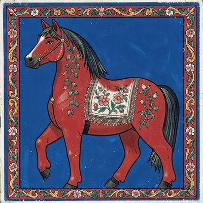 Classic Dala horse in traditional red — kurbits vine and flower decorations on s