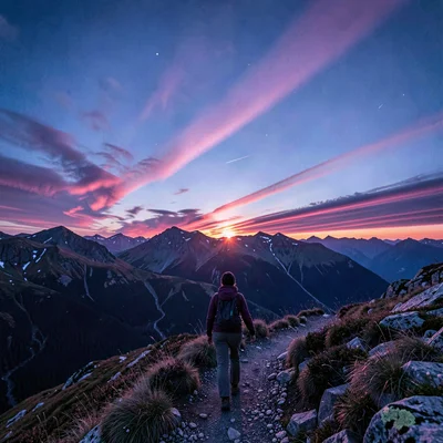 Polar liminal light, extended blue hours, A woman hiking a mountain trail as pin