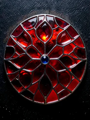Finished enamel medallion lit from behind — translucency of deep red cells glowi