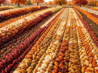 A rolling vineyard in autumn with each row a different warm-toned carpet sample