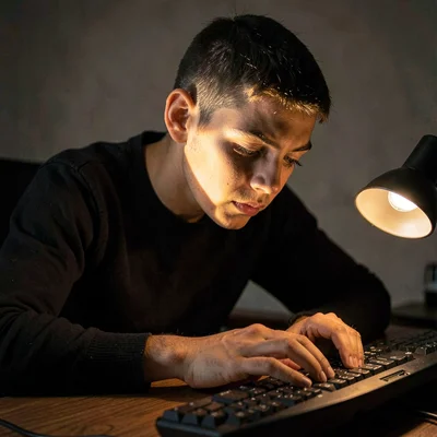 Studio portrait of a learner hunched over a keyboard, lamplight raking across th