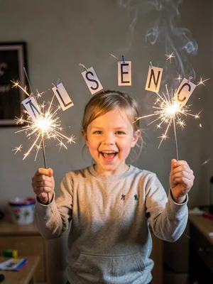 Child writing name with sparkler, letters hanging complete in air