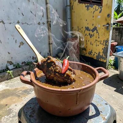 Documentary photograph with Jamaican yard aesthetic, Curry goat in a Dutch pot, 