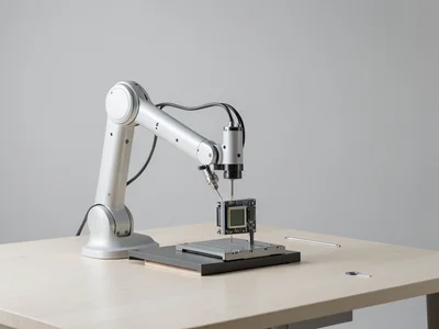 Robotic arm assembling a small electronic device on a workbench, precision manuf