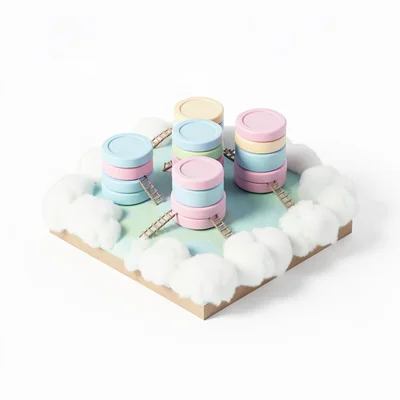 Miniature isometric island made of stacked database-shaped cylinders with tiny l