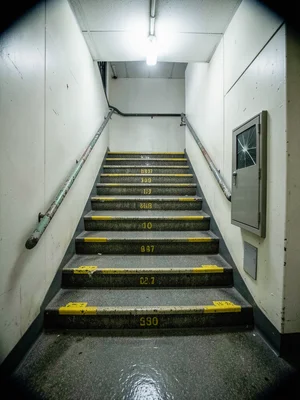 Stairwell in a 1970s office tower, poured concrete steps with yellow safety nosi