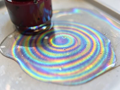 Nail polish in water, thin polymer film spreading on surface creating swirling i
