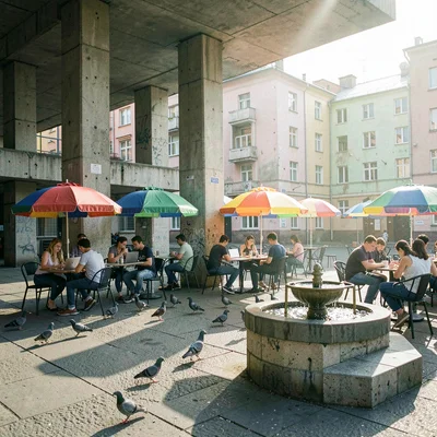 Post-Soviet urban photography, An outdoor cafe occupying a brutalist plaza, colo