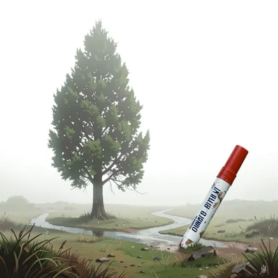 Weathered marker beside a single yew tree at a moor crossroads, both backed by a