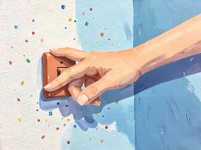 Long flat-painted hand reaches diagonally across the page to flip a tiny terraco