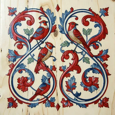 Scandinavian rosemaling illustration, birds perched among acanthus leaf scrolls 