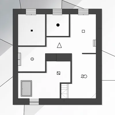 Geometric exhibition floorplan with rectangles for rooms and small shape glyphs 
