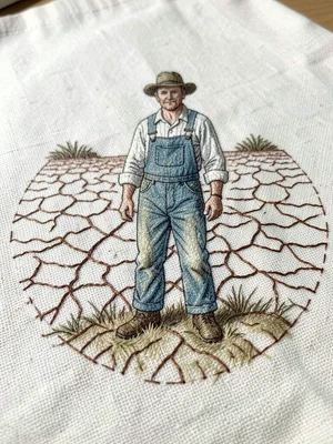 A farmer standing in a drought-cracked field, the cracks in split stitch brown t