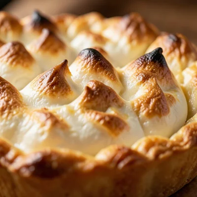 The top of a lemon meringue pie: golden-brown peaks of Italian meringue, some ti
