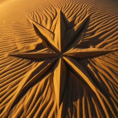 Star dune summit from above, radiating ridge arms created by variable wind direc