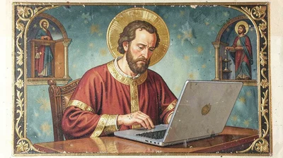 Egg tempera illustration, saint checking email on laptop , yolk-bound pigment, g