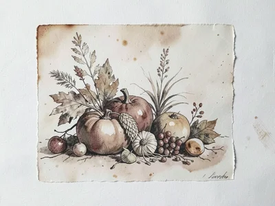 Ghost monoprint of autumn still life, harvest arrangement faded in second pull