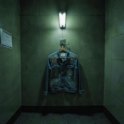 3am-shift atmospheric shot of a denim jacket with patches hung on a green-room h