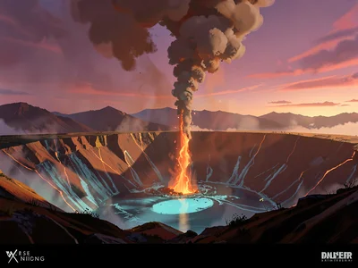 Volcanic caldera at dusk where a single shaft pierces sulfur smoke, warm magenta