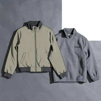 Tomas-blockcolor lookbook flatlay of a shell jacket next to a fleece on flat sla