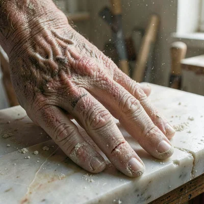 Documentary-style photograph, natural and observed, Italian marble sculptor's wo