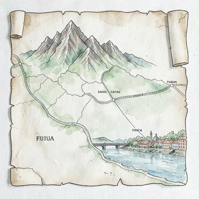 Sweeping parchment map of the entire race region — three mountain stages, a coas