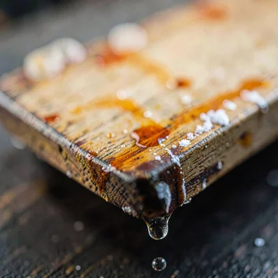Macro of a wooden paddle stained orange from punching down skins, drips frozen o