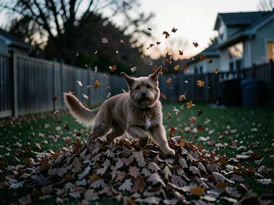 Dog running through a pile of fallen leaves, leaves exploding upward, backyard s