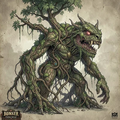 Fantasy creature illustration, a living root system creature, tree-like body wit