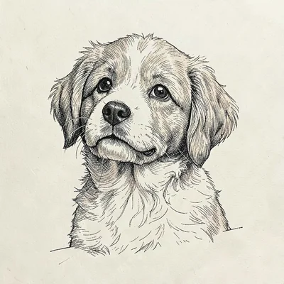 Pen-and-ink study of a friendly puppy looking up, fine hatching, calm cream pape