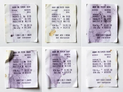 The same receipt photographed at different stages of fading — fresh, one week, o