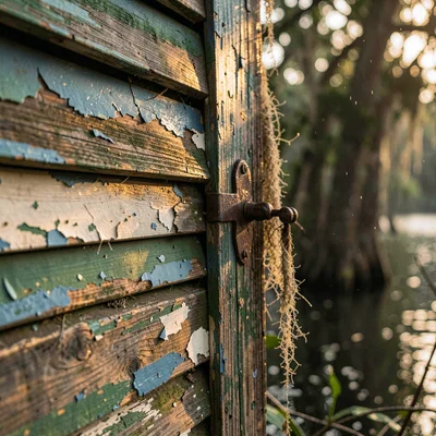 Atmospheric photograph with Louisiana bayou sensibility, Close-up of peeling pai
