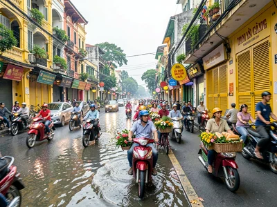 Flower sellers moving through Hanoi traffic